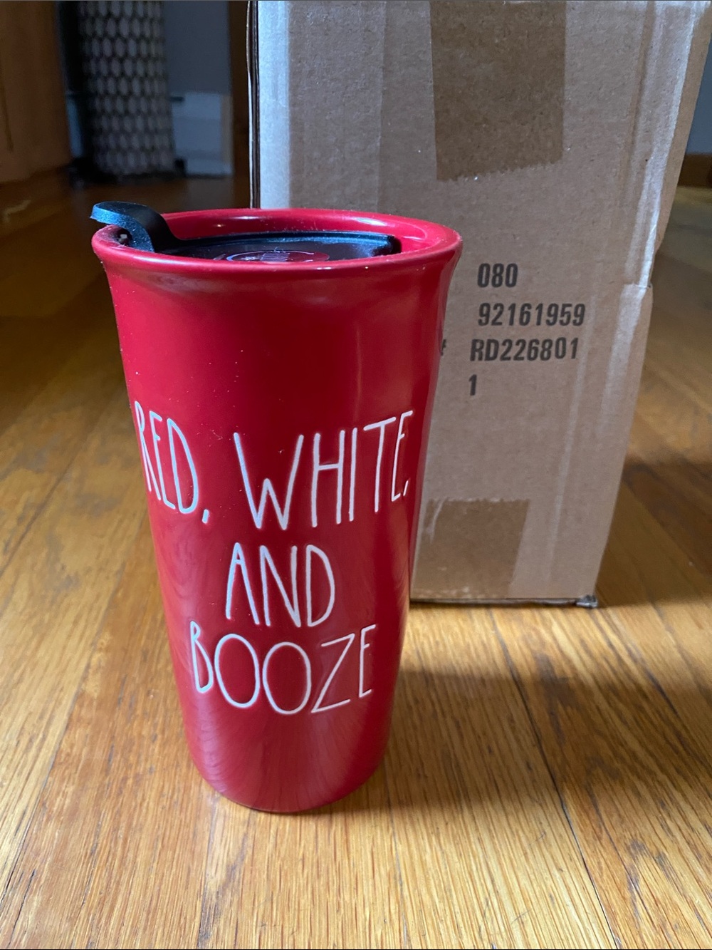 Rae Dunn Red Ceramic Travel Tumbler with Black Lid